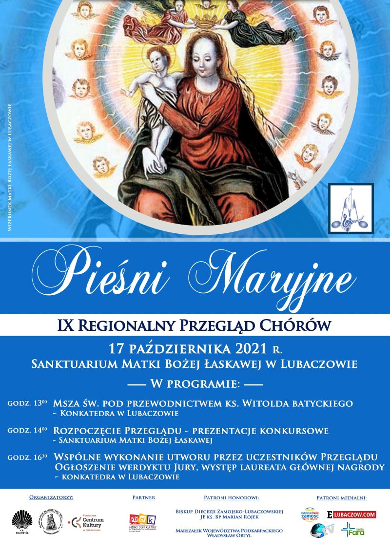 Plakat 9. Regionalnego Przeglądu Chórów - Pieśni Maryjne. Na górze wizerunek Matki Boskiej Łaskawej -  kopia obrazu z Katedry Lwowskiej. Poniżej program