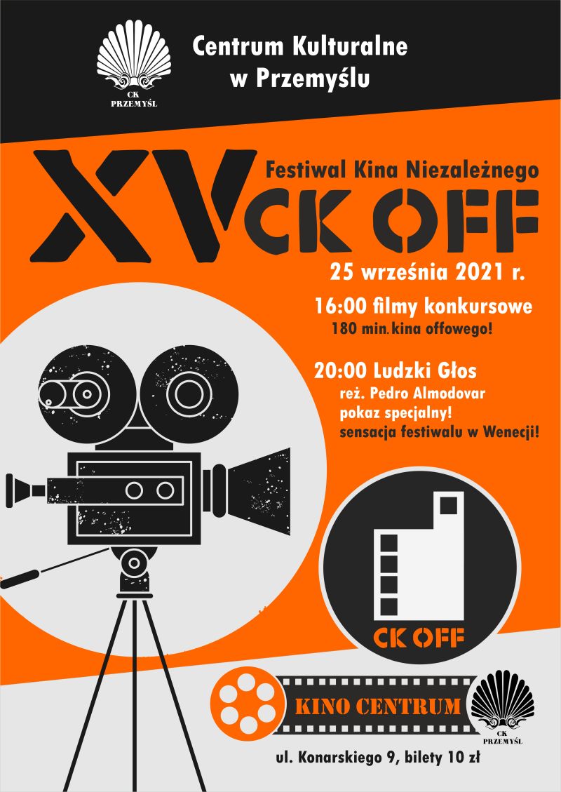 Plakat CK OFF. Pomarańczowe tło, przed nim czarna stara kamera.
