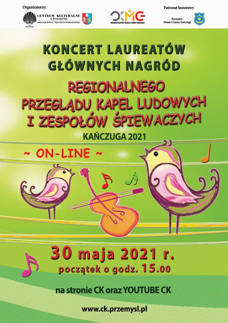 Plakat Koncert Laureatów Głównych Nagród Regionalnego Przeglądu Kapel Ludowych i Zespołów Śpiewaczych Tekst alternatywny pod plakatem